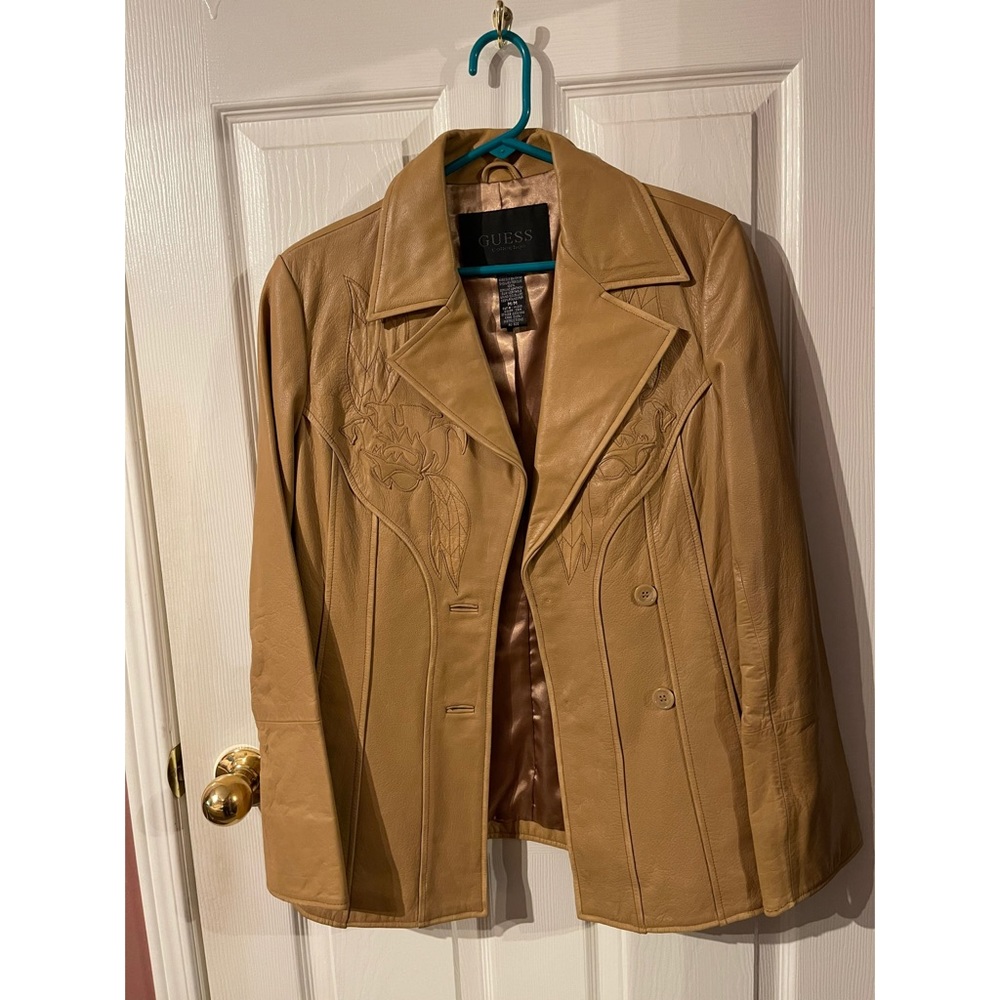 Guess Genuine Leather Embroidered tan jacket